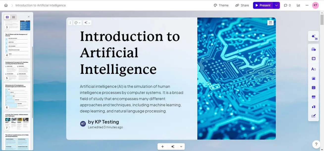 Interface showing AI-powered presentation builder