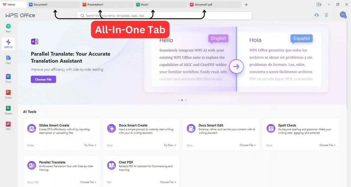 WPS Office with highlighted AI features