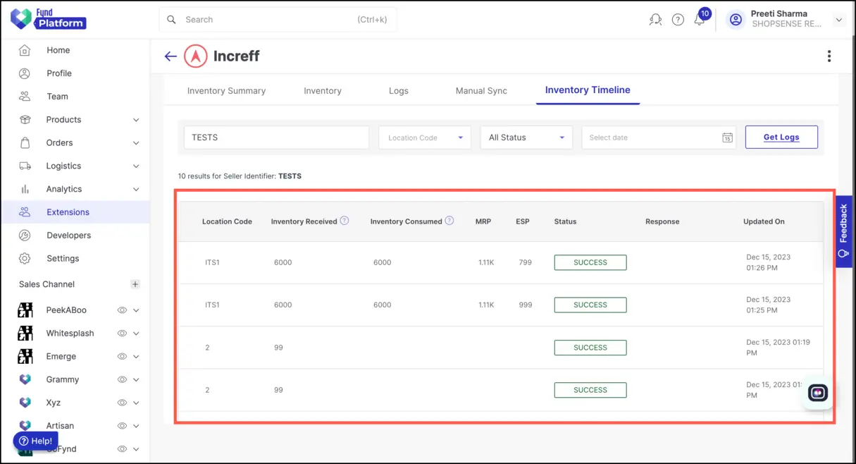 Inventory software dashboard interface