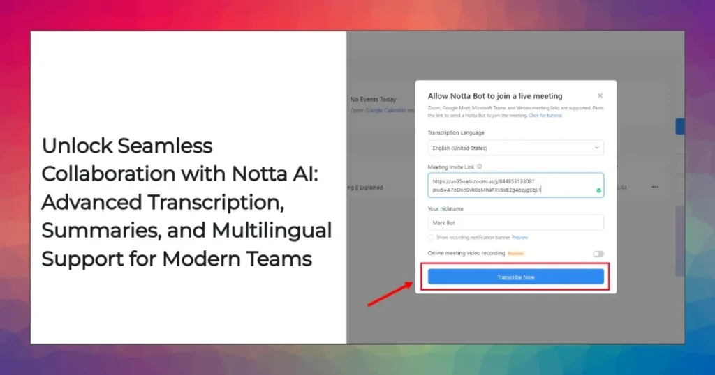 Notta AI transcription dashboard showing live meeting summary and action items for team collaboration.