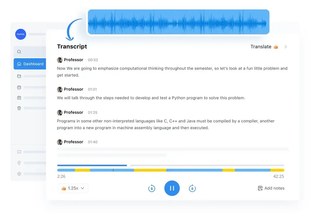 Notta AI interface showing transcription