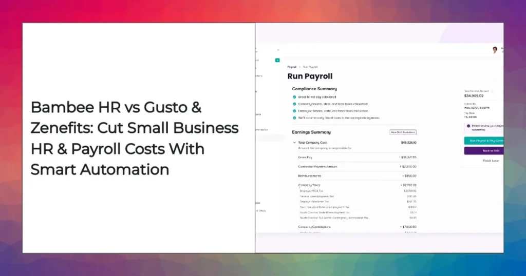 Comparison table of Bambee HR, Gusto, and Zenefits features for small business HR and payroll