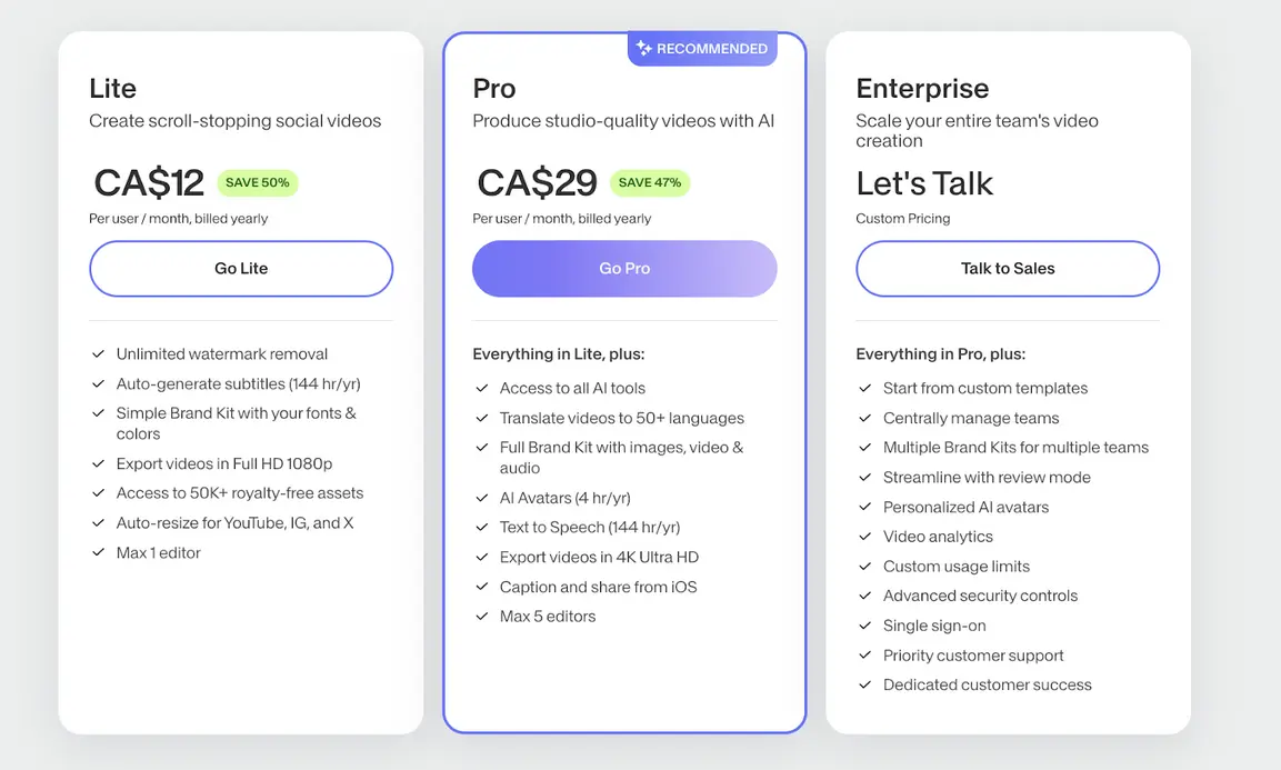 Comparison chart of video editors