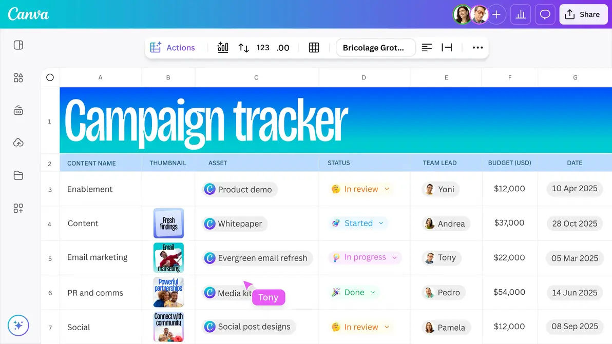 Spreadsheet view with Canva Sheets