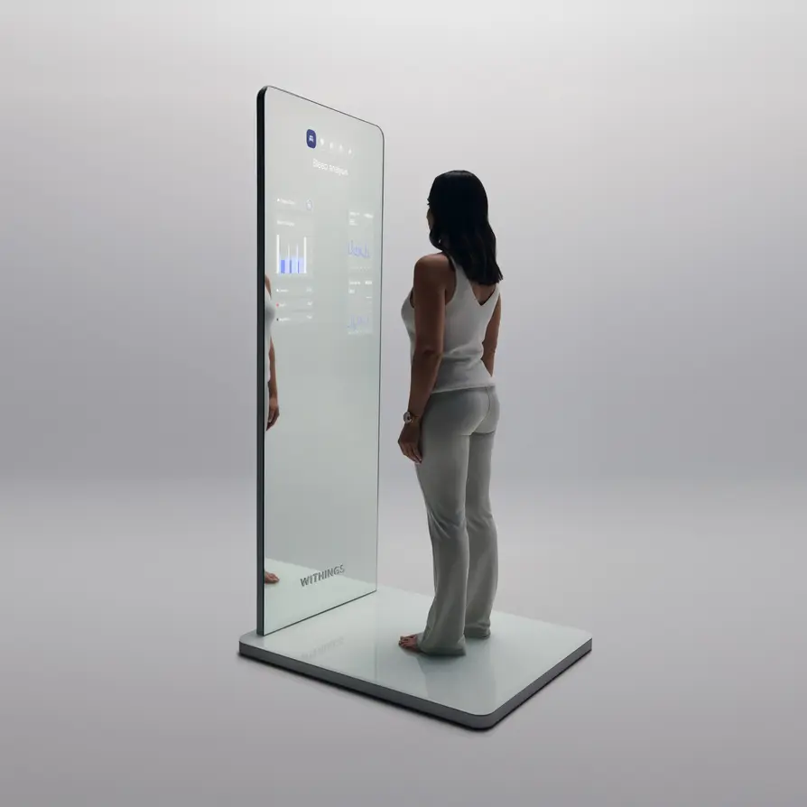 Withings Omnia AI Mirror 2025 product photo showing AI health monitoring and smart home connectivity.