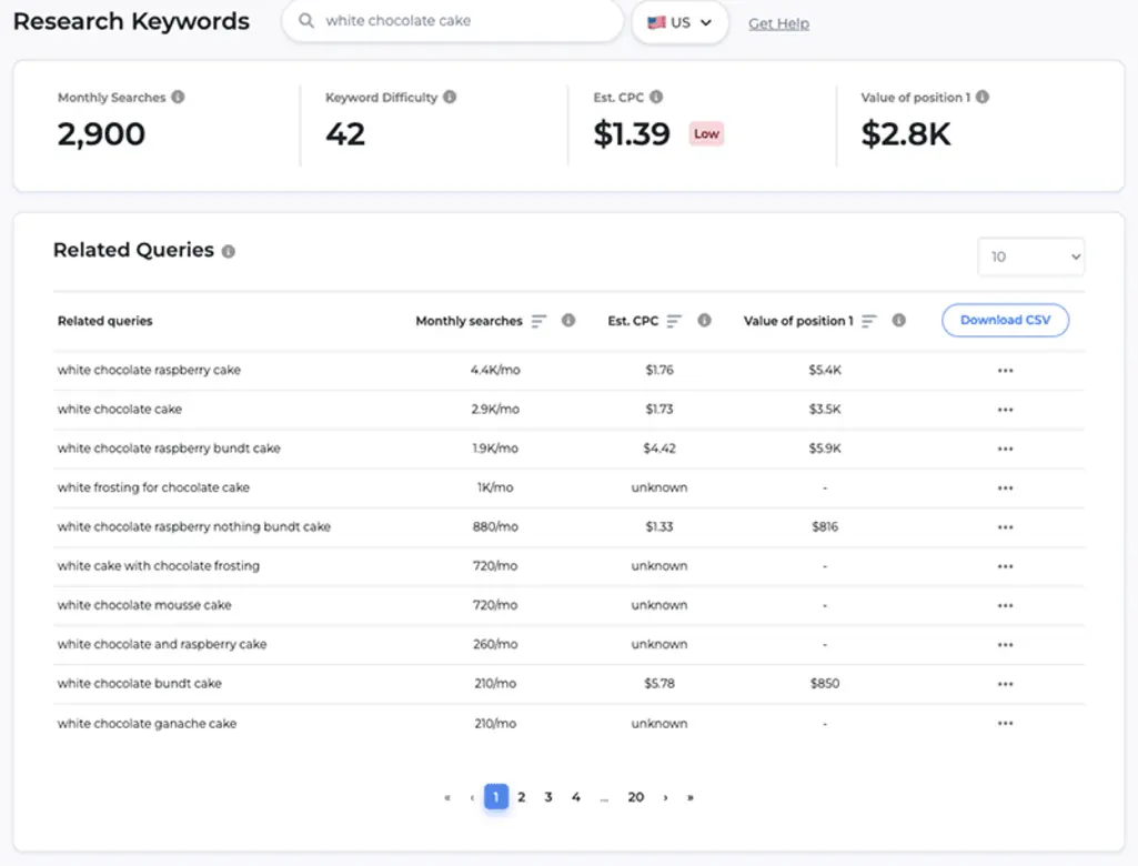 GrowthBar keyword tool screenshot