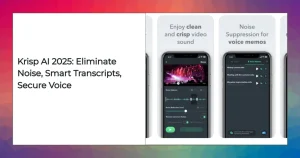 Krisp AI interface showing real-time noise cancellation and transcription during a video call