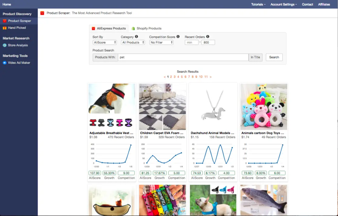 Niche Scraper dropshipping product research dashboard showing trending products 2025