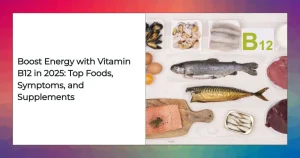 Assorted vitamin B12 foods: beef liver, clams, salmon, eggs, dairy, and fortified plant milks with supplement options