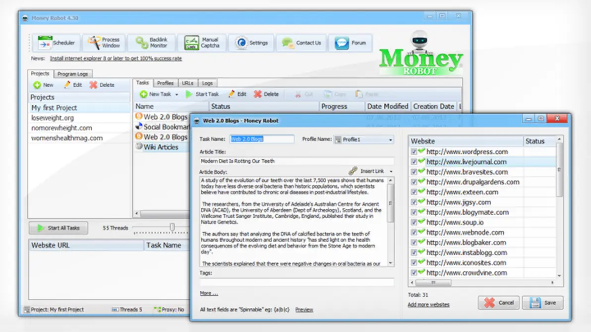 Money Robot software dashboard