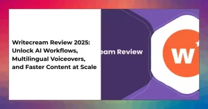 Writecream dashboard displaying AI content automation and multilingual voiceover features