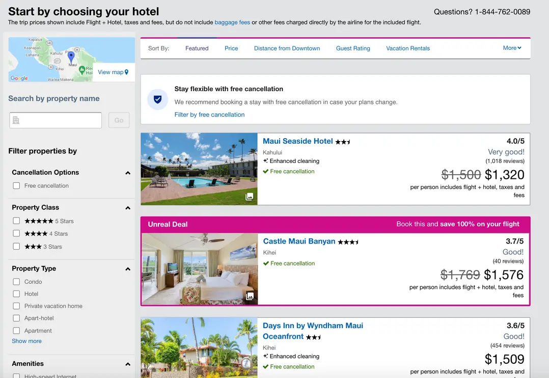 Flight and hotel comparison chart