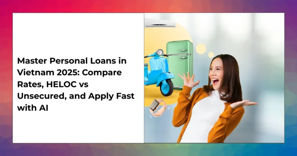 Infographic showing HELOC and unsecured personal loan comparison in Vietnam 2025 with interest rates, limits, and AI-driven approval steps.
