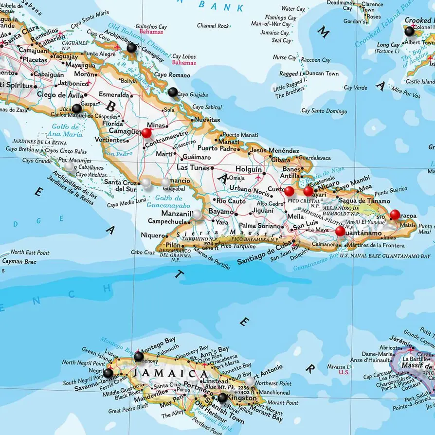 Caribbean travel map with pins