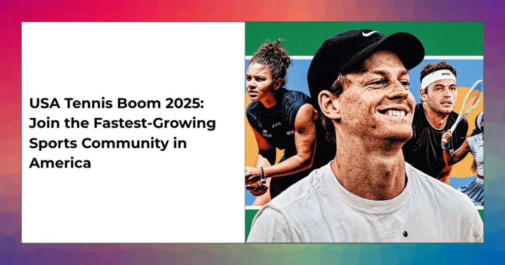 Crowded public tennis courts in the USA during the 2025 tennis boom with players of all ages.