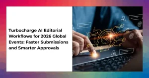 AI editorial workflow dashboard showing content submission and approval process for 2026 global events