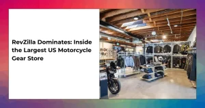 RevZilla superstore interior with rows of motorcycle helmets, jackets, and boots on display