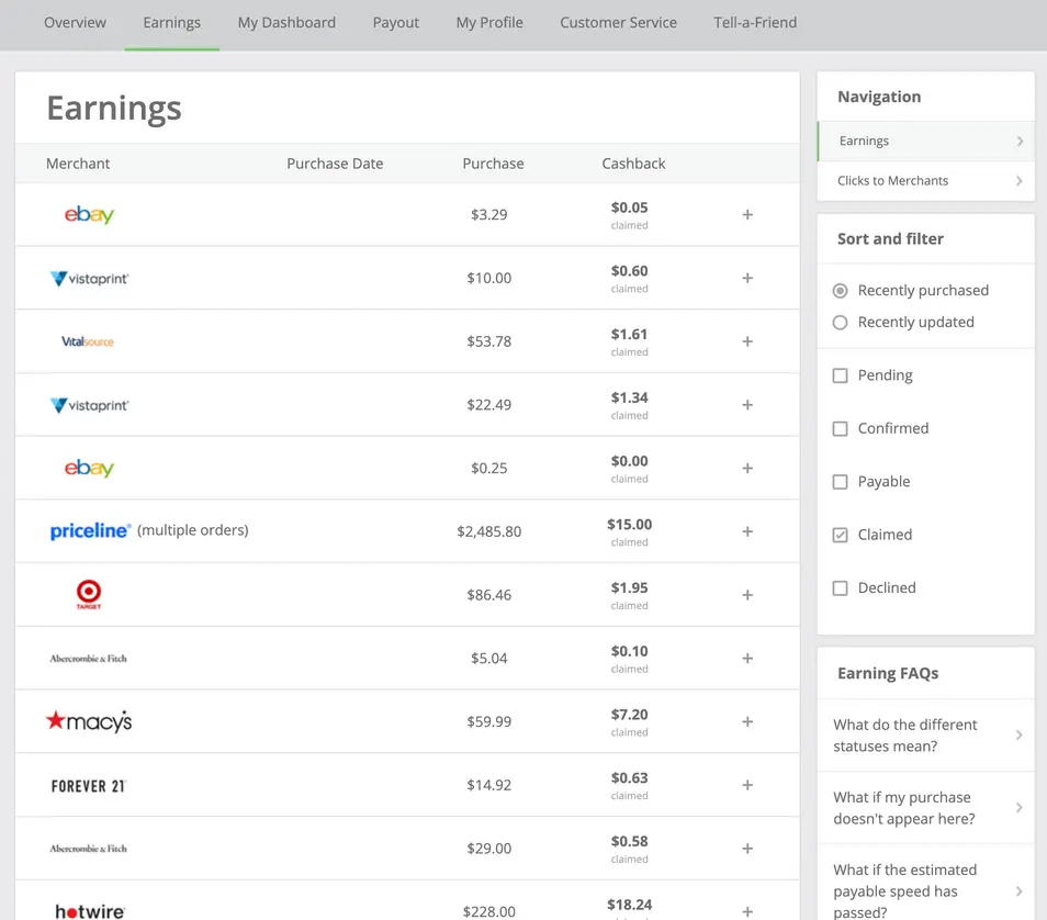 TopCashback dashboard showing cashback earnings
