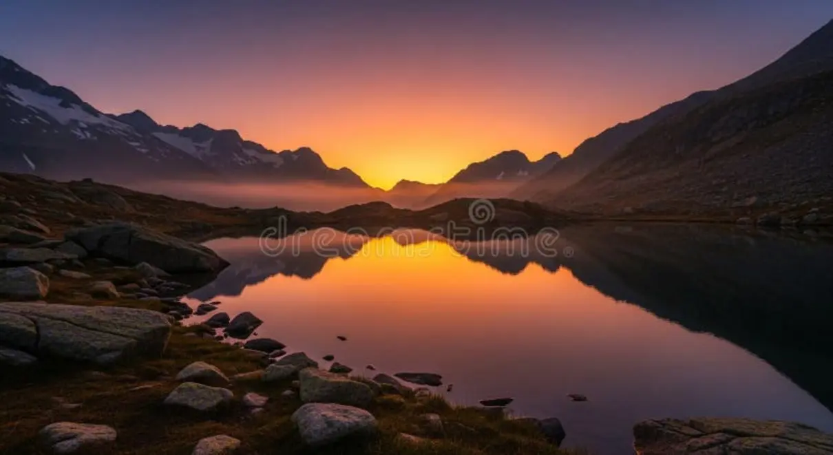 Fiery sky reflected in a calm mountain lake