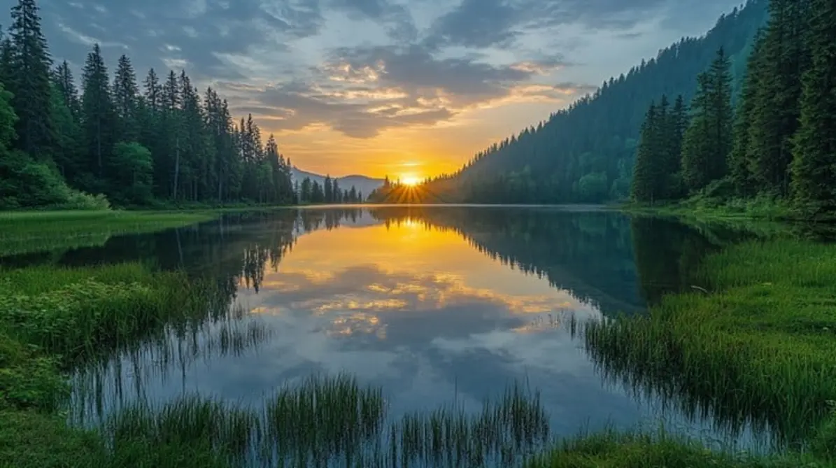 Colorful sunset sky reflected in lake