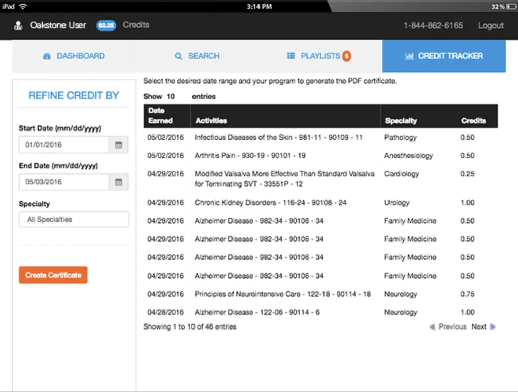Oakstone CME Portal User Dashboard Screenshot
