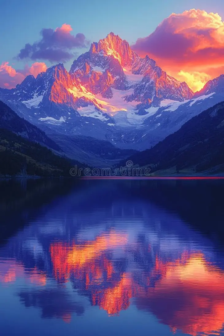 Snowy mountains over a vibrant sunset-lit lake
