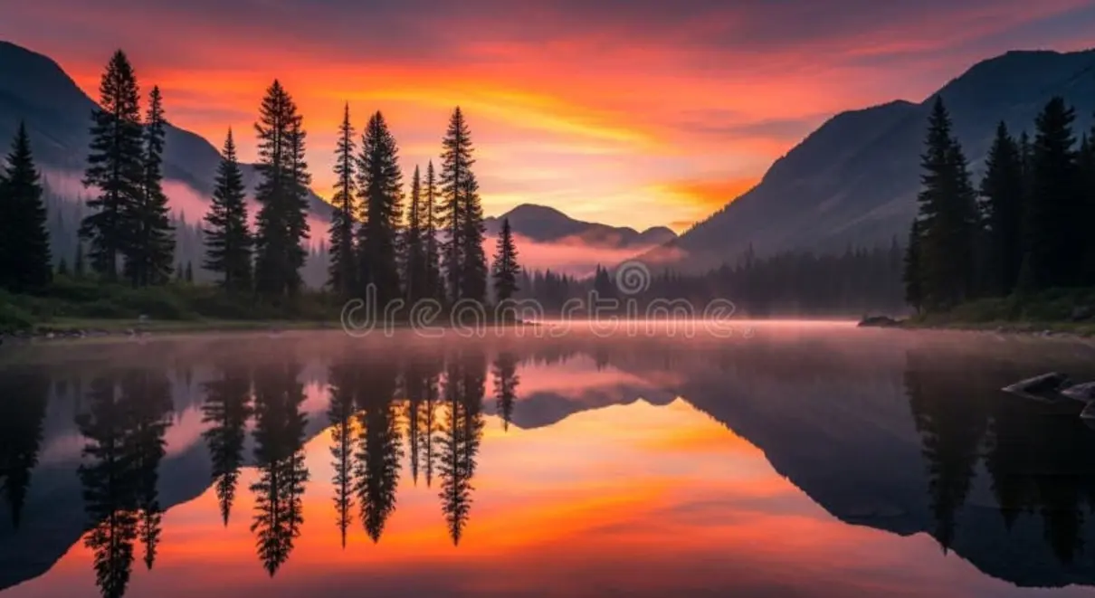 Sunset over a tranquil mountain lake
